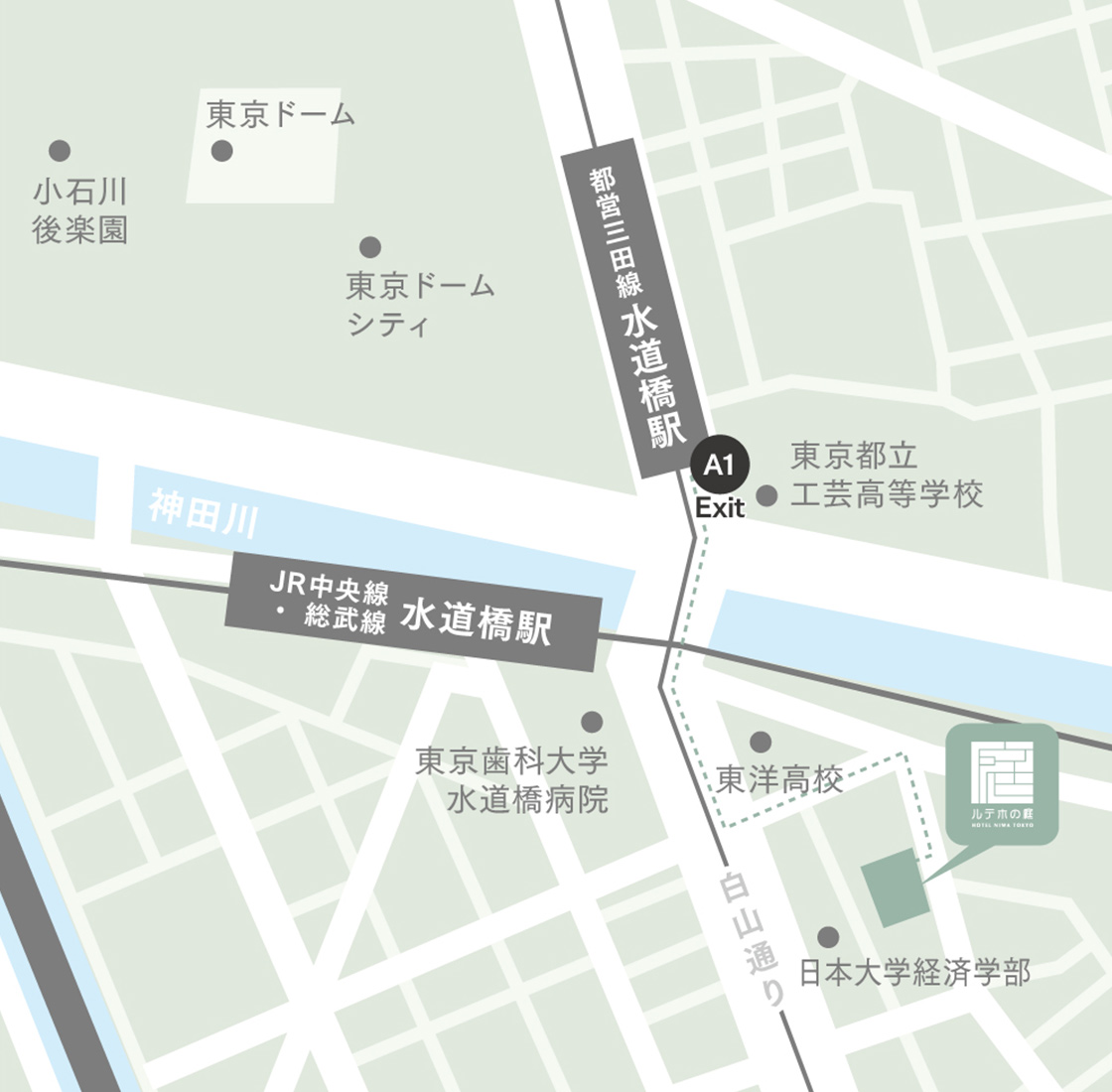 都営三田線〈水道橋駅 A1出口 〉からの地図